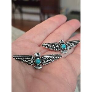 Thunderbird Earrings Silvertone Native Style Pierced Faux Turquoise